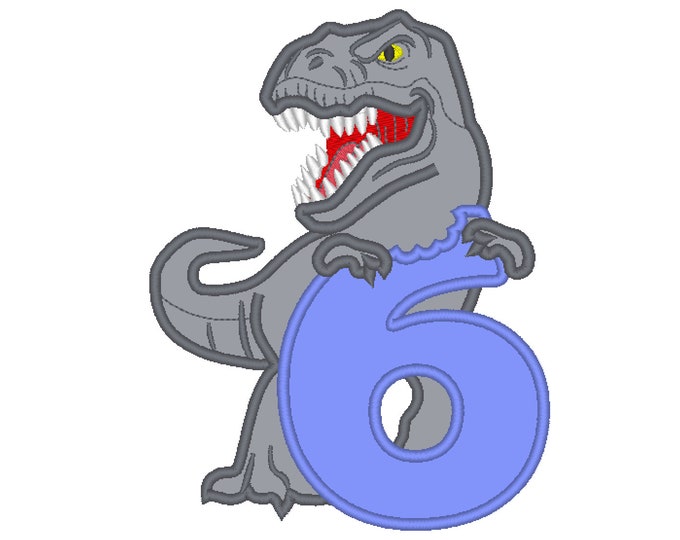 T-rex dinosaur Birthday number six 6 kids boy Birthday outfit Applique machine embroidery designs in assorted sizes for hoop 5x7 and 6x10