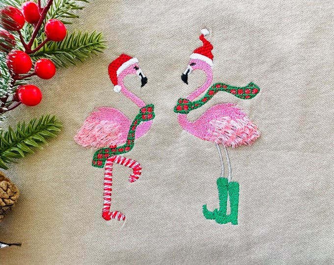Christmas Flamingo Gnome Santa hat Fringed Flamingoes in a row machine embroidery designs kids sweater outfit hoodie fringe fluffy design