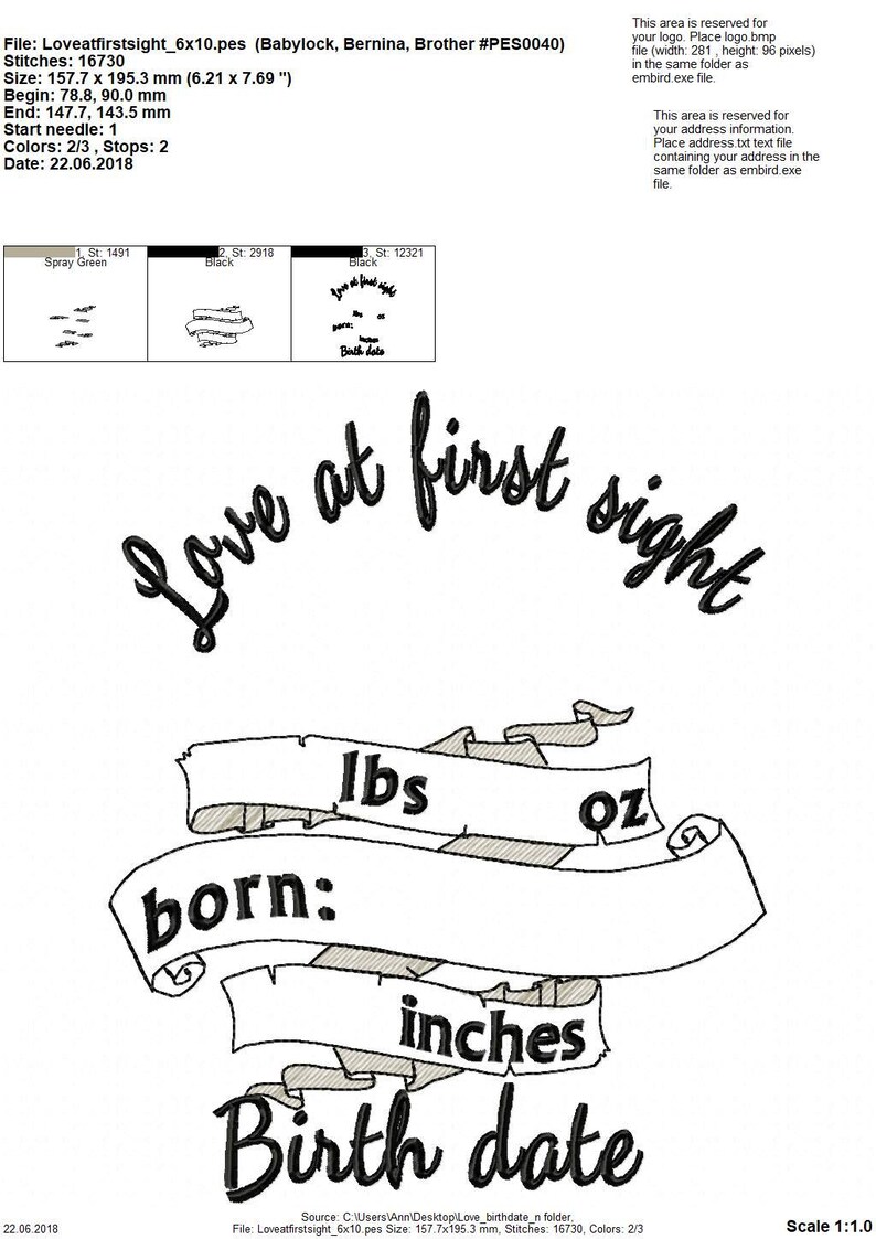 Op de afbeelding: Zwart-wit borduurwerk met de tekst "Love at first sight" en een banner met de tekst "born: lbs oz inches Birth date".