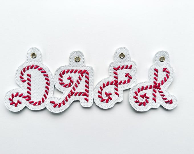 Christmas Candy Cane Monogram Eyelet and Key Fob Snap Tab handwritten Font keychain in the hoop ITH machine embroidery designs gift idea