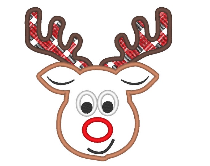 Reindeer applique Merry Christmas machine embroidery design Gingham plaid antlers by Artapli for hoop 4x4 5x7 6x10 Cute Deer Reindeer Boy