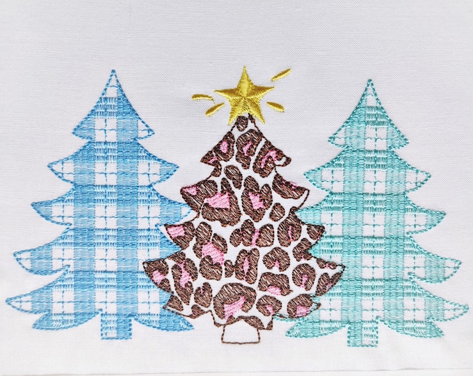 Gingham Tartan Plaid and extraordinary Leopard print Tree Trio light stitch embroidery design 3 Christmas tree in a row embroidery
