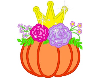 Little pumpkin princess Floral Pumpkin Applique Design Fall Pumpkin Autumn pumpkin with shabby chick roses flowers crown machine embroidery