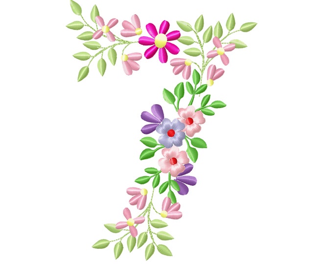 Country Floral birthday number 7 farm flowers number flowered Font machine embroidery designs number 7 SEVEN only 3.5, 4, 5, 6, 7, 8in