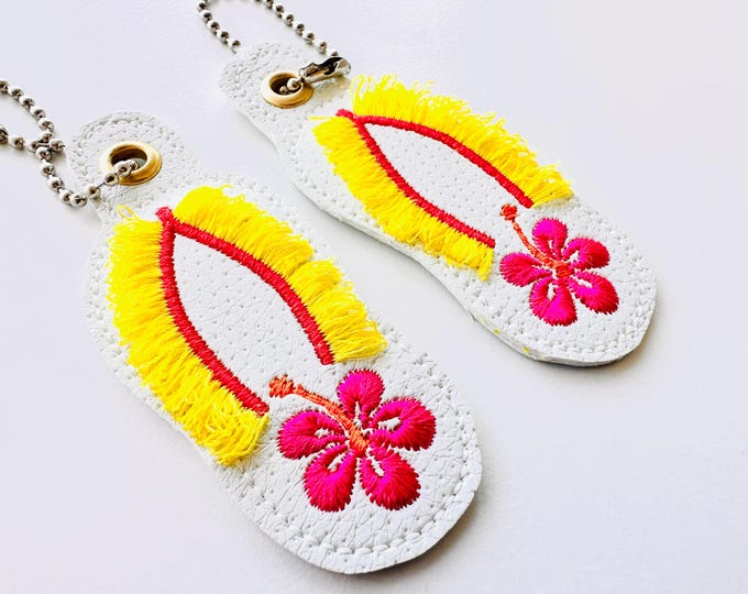 Fluffy Fringed floral Flip Flops Hibiscus Flower summer beach Eyelet Key Fob Snap Tab in the hoop machine embroidery designs ITH keychain