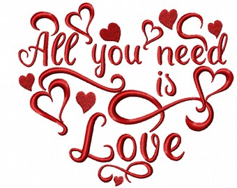 May include: Red embroidered design of a heart with the text "All you need is Love" and several small hearts.