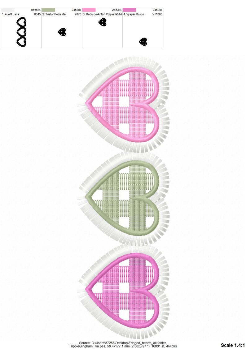 Gingham Tartan Valentine triple hearts in a row three awesome hearts Fringed fluffy Heart fringe ITH in the hoop machine embroidery designs image 2