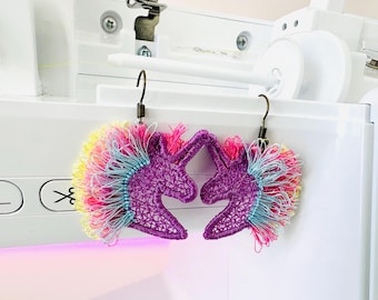 Unicorn Magic Horse Head fringed fluffy hair girls earrings or charm in the hoop FSL freestanding lace machine embroidery designs size 1.5in