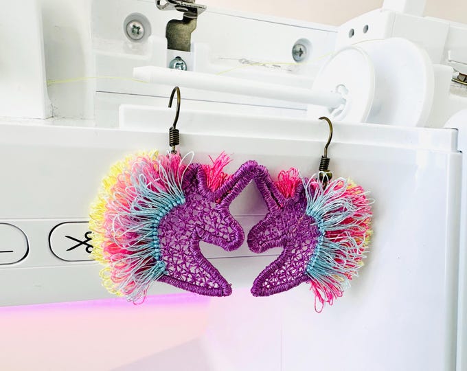 Unicorn Magic Horse Head fringed fluffy hair girls earrings or charm in the hoop FSL freestanding lace machine embroidery designs size 1.5in
