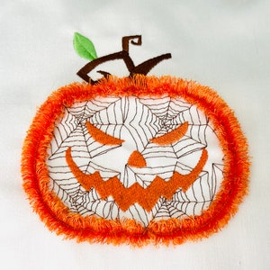 May include: Orange embroidered pumpkin with a black spiderweb design and a scary face. The pumpkin is outlined with a fuzzy orange trim.