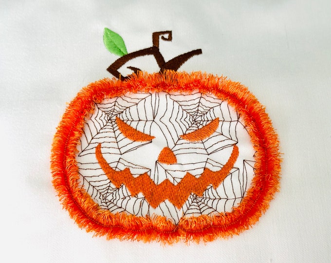 Fringed Halloween Jack O'Lantern Pumpkin with spiderweb pattern Applique machine embroidery designs fluffy Chenille spooky scary Pumpkin