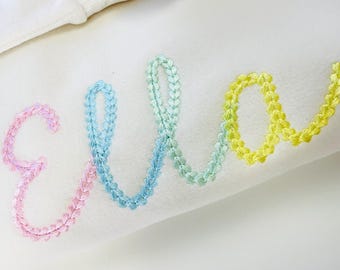 May include: Close-up of a white fabric with the embroidered name "Ella" in pastel colors. The letters are stitched in a cursive style, with pink, blue, green, and yellow threads.