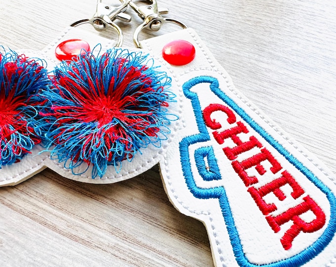 Cheerleader sports Bag Tag set of 2 Eyelet and key fob snap tab Keychain Fringe Fluffy In the Hoop Machine Embroidery Designs ITH Project