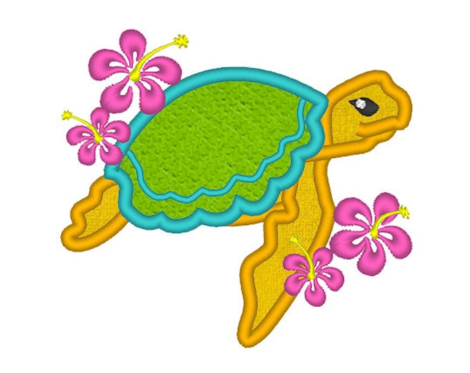 Sea turtle, Girly turtle with hibiscus flower - machine applique embroidery designs 4x4, 5x7 and 6x10