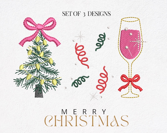 Merry Christmas Pack SET of 3 festive designs Christmas Tree Sparkling Wine and Confetti machine embroidery designs Party Decor small sizes