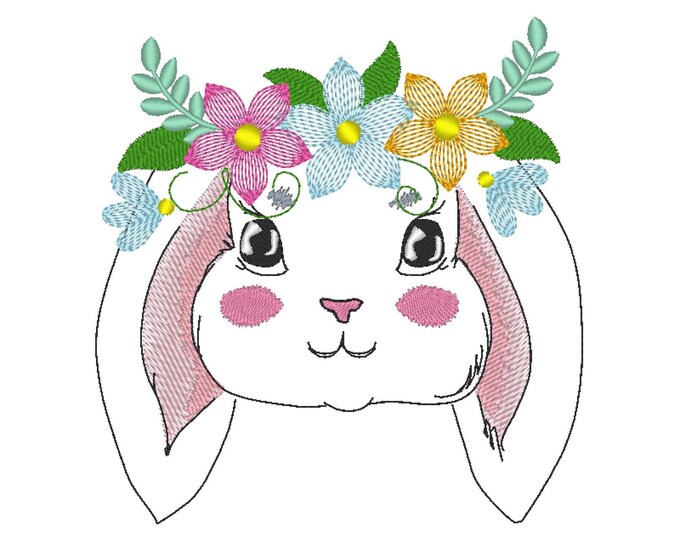 Floral crown Bunny head with flowers light stitch machine embroidery designs Easter bunny face sizes 4 up to 6 inch kids girls baby outfit