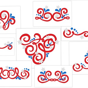 Patriotic Ornamental swirl and curl Monogram borders and corners designs set machine embroidery border & corner sizes  3, 4, 5, 6, 7 in