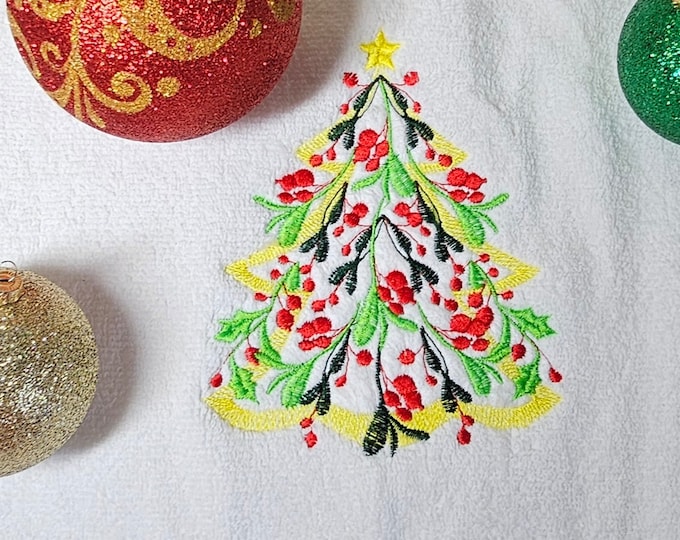 Floral Vintage old fashioned Christmas tree in light stitch with Merry Christmas berries machine embroidery designs towel tees tshirt design