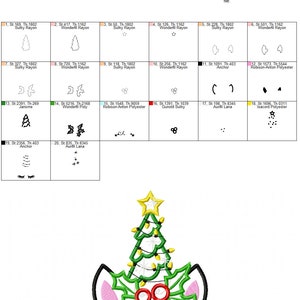 May include: A white unicorn with a green Christmas tree on its head. The tree has white snowflakes, yellow stars, and red and white lights. The unicorn has pink ears and closed eyes with black eyelashes. The unicorn is surrounded by green holly leaves and red berries.
