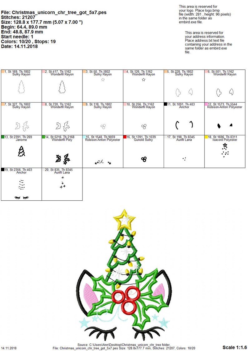 May include: A white unicorn with a green Christmas tree on its head. The tree has white snowflakes, yellow stars, and red and white lights. The unicorn has pink ears and closed eyes with black eyelashes. The unicorn is surrounded by green holly leaves and red berries.
