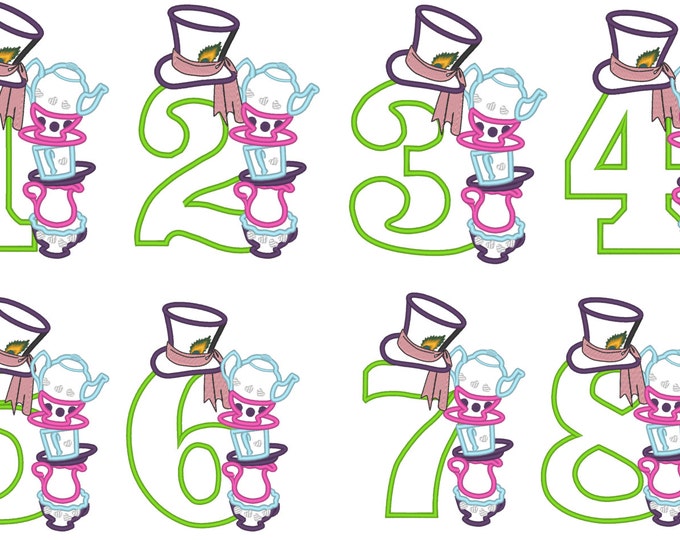 Wonderland Mad Hatter Birthday Numbers machine embroidery applique designs 5x7 whole set