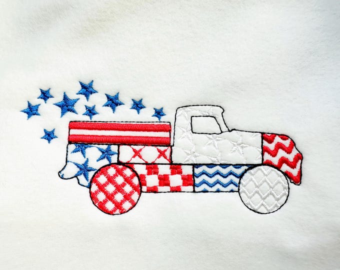 Patriotic Patchwork Red Truck with Stars patterned Truck outline machine embroidery designs sizes 4 up to 8 inch boys American 4th of July
