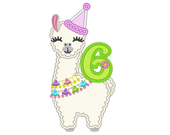Number 6 SIX birthday Llama alpaca Birthday hat outfit llama with number Applique Design lama machine embroidery designs 5x7 6x10