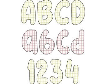 May include: A set of embroidered letters and numbers in a playful, bubble font. The uppercase letters A, B, C, and D are in a light yellow grid pattern. The lowercase letters a, b, c, and d are in a burgundy grid pattern. The numbers 1, 2, 3, and 4 are in a light yellow grid pattern.