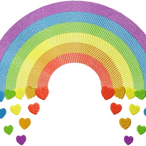 May include: A rainbow arch with a textured pattern, with hearts of different colors falling from the bottom of the arch.