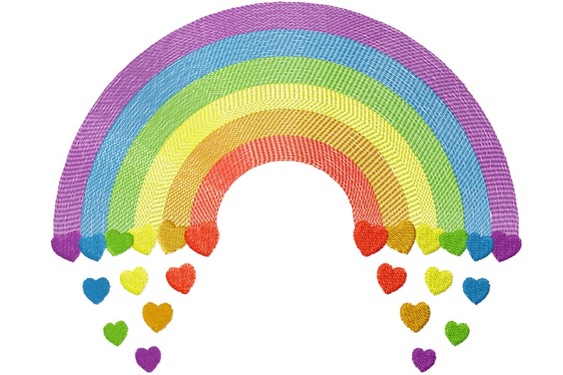 May include: A rainbow arch with a textured pattern, with hearts of different colors falling from the bottom of the arch.