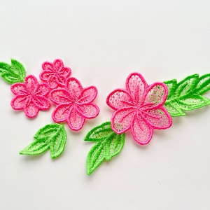 以下が含まれることがあります： ピンクとグリーンのレースの花の飾り。花は繊細で複雑な花柄です。葉は明るいグリーンです。