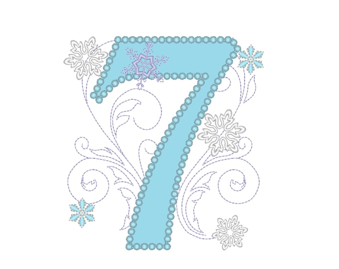 Frozen Swirls Birthday Number SEVEN 7 with wide pearl stitch machine embroidery applique design for hoops 4x4, 5x7 INSTANT DOWNLOAD