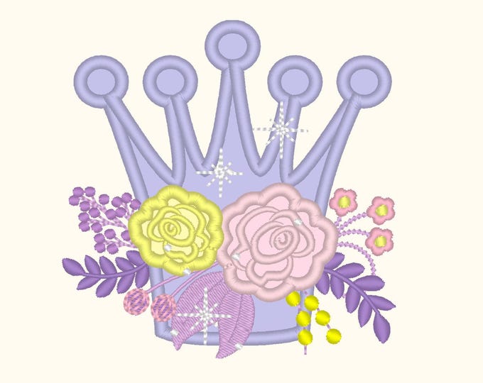 Little Princess Crown with shabby chic floral bouquet applique kids girls diadem tiara machine embroidery designs multiple sizes