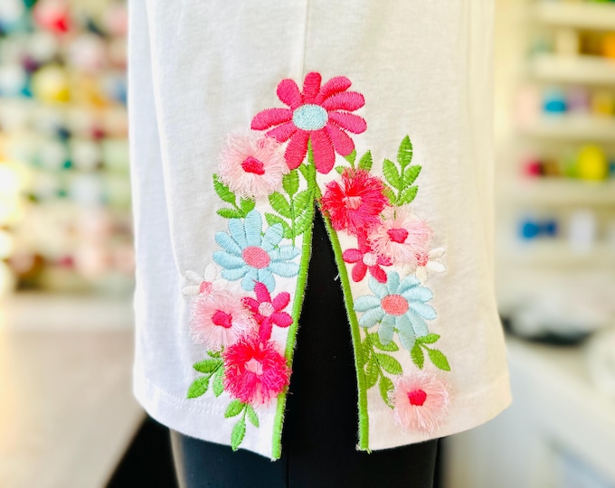 Fringed fluffy Floral split side seam cutout side bow fringe machine embroidery designs awesome garden flower girls tshirt sweatshirt design