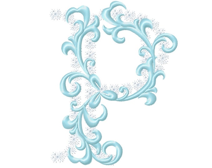 Frozen snow Christmas Individual letter P garden flag monogram snowflakes Font machine embroidery design 3, 4, 5, 6, 7, 8 in