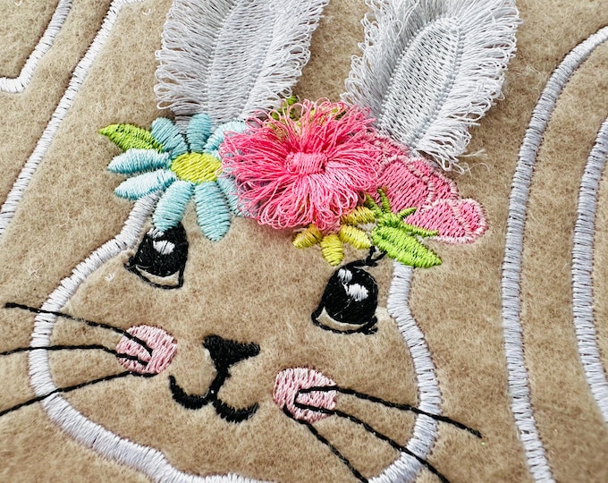 Cute Bunny fringed floral crown and HUG Applique SET of 2 designs Easter kids outfit machine embroidery designs fringe ITH assorted sizes