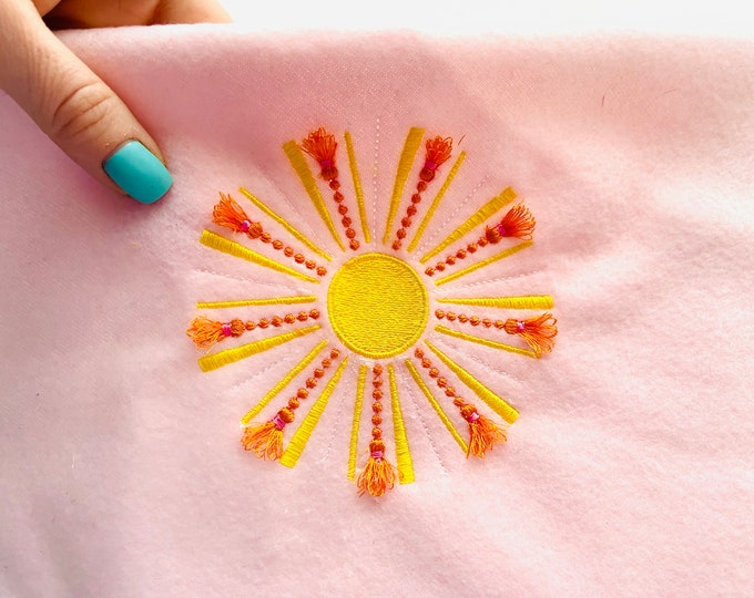 The Sun sunshine Fringed Sunbeam sun rays machine embroidery designs in multiple sizes for hoop 4x4, 5x7 fringe in the hoop ITH kids girl