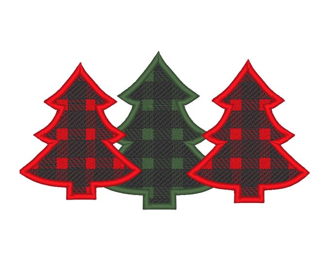 Plaid Checked Woodland Tree Trio Applique and fill stitch design three Christmas tree in a row machine embroidery designs sizes 4x4 5x7 6x10