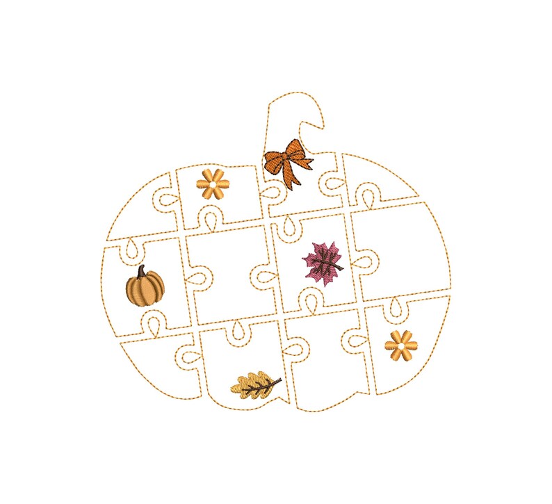 May include: A pumpkin-shaped puzzle with a gold outline, featuring a bow, a pumpkin, leaves, and flowers. The puzzle pieces are empty, and the design is embroidered on a white background. A fall-themed decorative item.