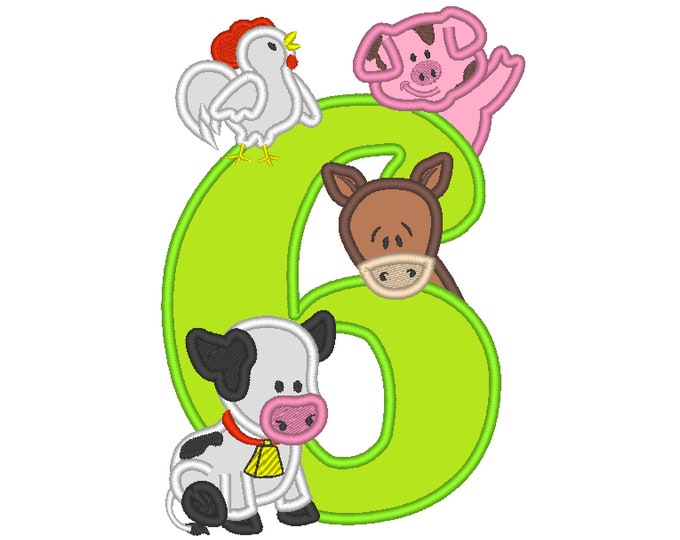 Farm birthday number SIX 6 with cow, pig, horse and rooster - cute farm theme machine embroidery applique design  5x7 6x10 assorted sizes