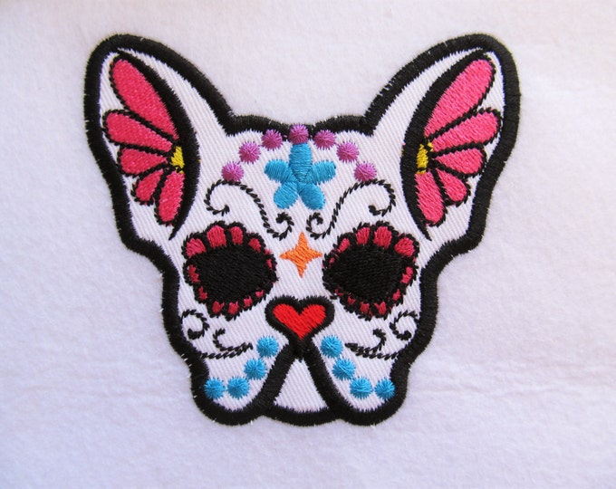 French bulldog Sugar Skull applique design, dog skull machine embroidery design 4x4, 5x7, puppy skull calavera day of the dead applique