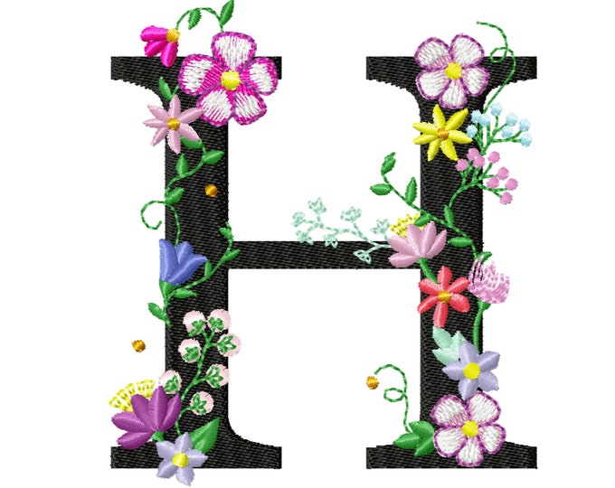 Floral letter H garden flag monogram lace swirl flowers block font and mini Font machine embroidery design monogram H only 4, 5, 6 and 8 in