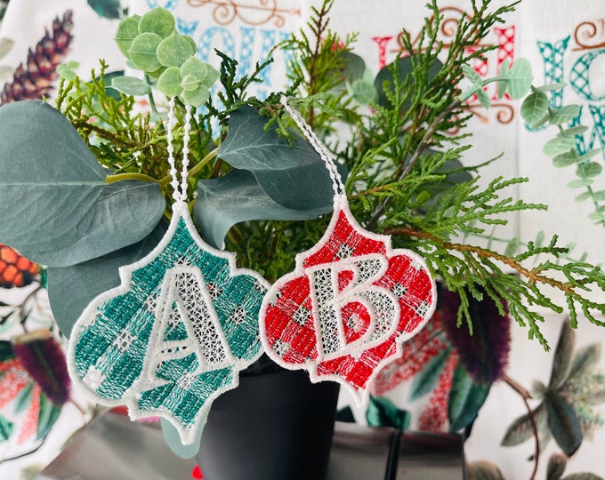 Gingham Christmas tree Ornament Alphabet monogram with string ribbon FSL freestanding lace SET A-Z machine embroidery designs classic plaid