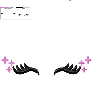 May include: Embroidery design for a unicorn's eye with eyelashes and pink stars. The design is 3.54 inches wide and 0.72 inches tall. The design is made up of 1656 stitches and uses two colors: medium pink and black.
