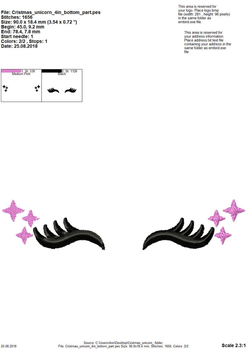 May include: Embroidery design for a unicorn's eye with eyelashes and pink stars. The design is 3.54 inches wide and 0.72 inches tall. The design is made up of 1656 stitches and uses two colors: medium pink and black.