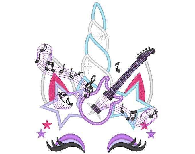 Rock music crown Unicorn with guitar and notes crown applique machine embroidery designs applique Rainbow music embroidery unicorn face