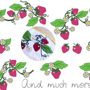 Könnte beinhalten: Stickereien von Erdbeerranken mit roten Erdbeeren und weißen Blüten. Die Designs sind perfekt, um Ihren Projekten einen Hauch von Natur zu verleihen.