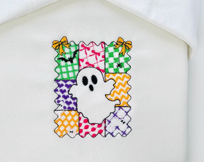 Halloween Ghost Girl patchwork patterned cute Ghost kids baby girls machine embroidery designs sizes 4 up to 8 inch scary spooky design