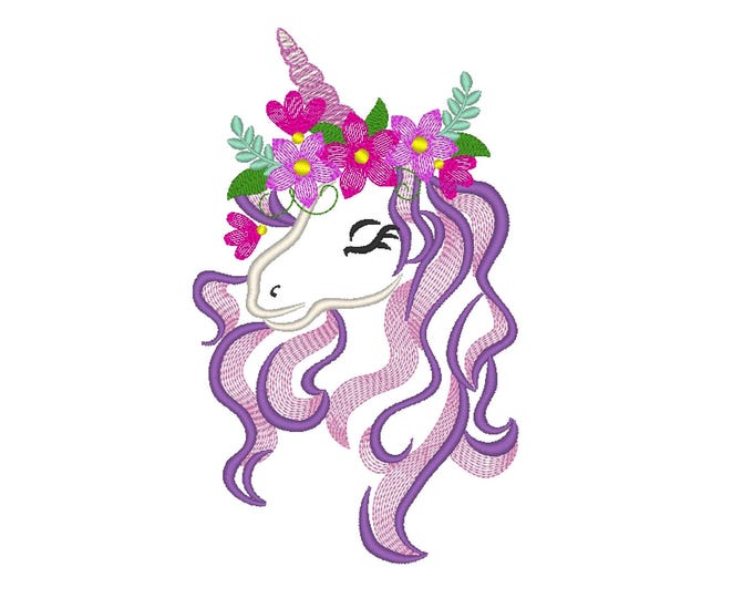 Light stitch floral crown Unicorn head with flower machine embroidery designs multiple sizes, pretty Unicorn girl face, magic horse princess
