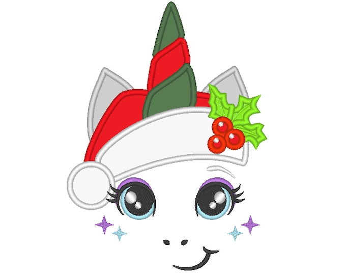 Christmas Unicorn head with Santa hat applique machine embroidery designs pretty eyes unicorn face Merry Christmas